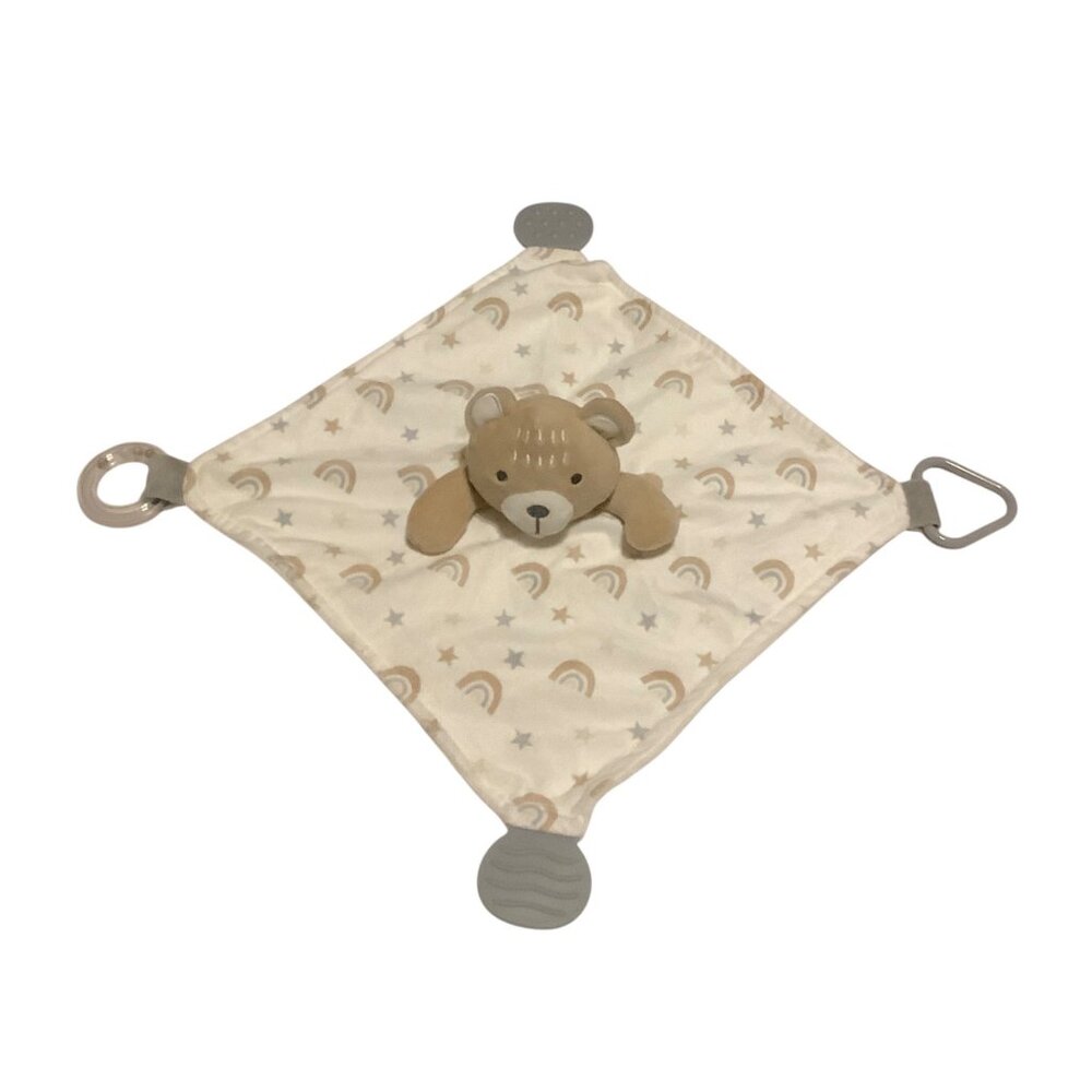 Modern Baby Plush Bear Lovey‎ Security Blanket Teether & Sensory Tabs 14”x14”